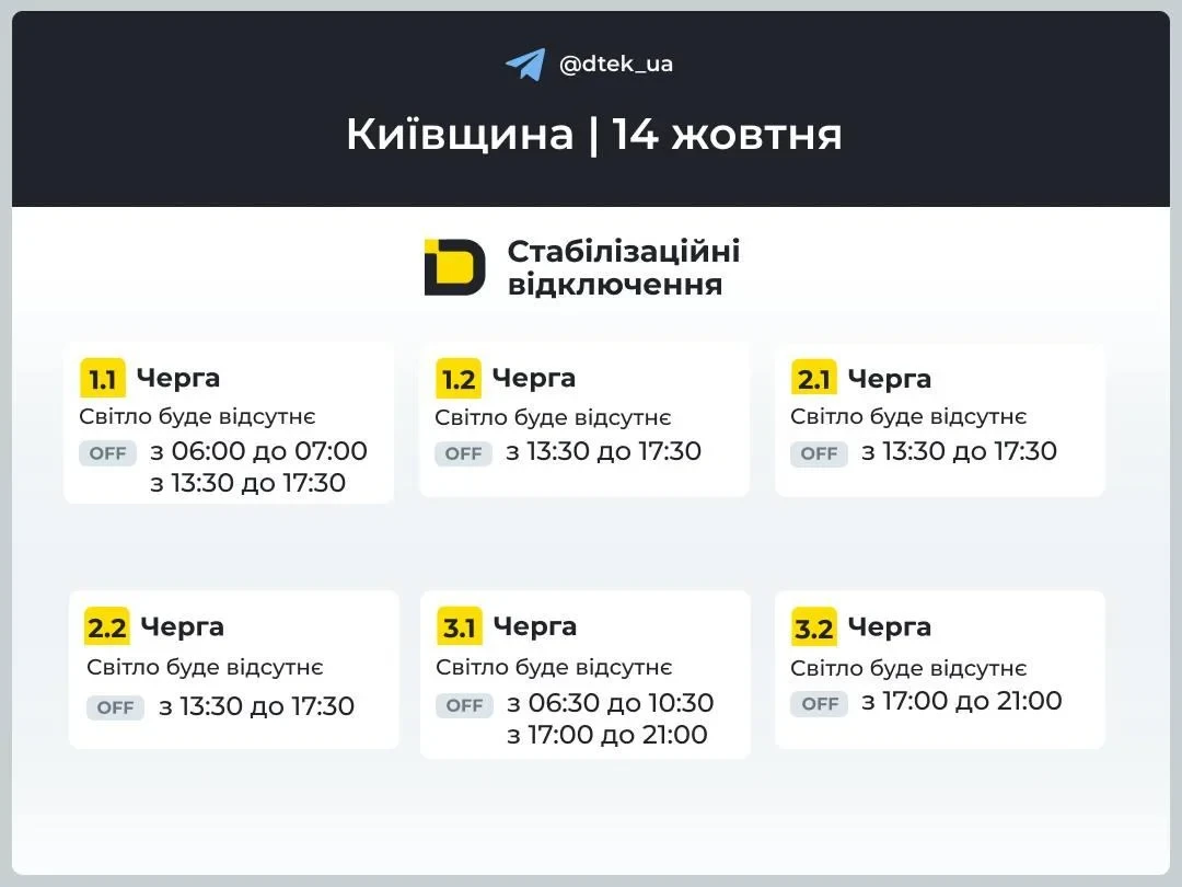 В Україні завтра вимикатимуть світло: графіки відключень на 14 жовтня
